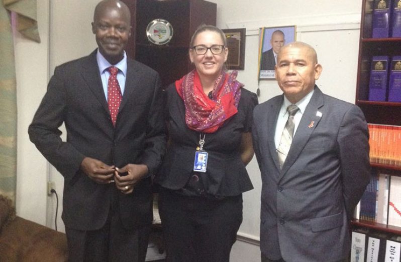 From left to right: UNAIDS Country Director Dr. Martin Oditt, PEPFAR Coordinator of the Caribbean Regional Programme, Dr. Jennifer Walsh; and Public Health Minister Dr George Norton before they met on Friday