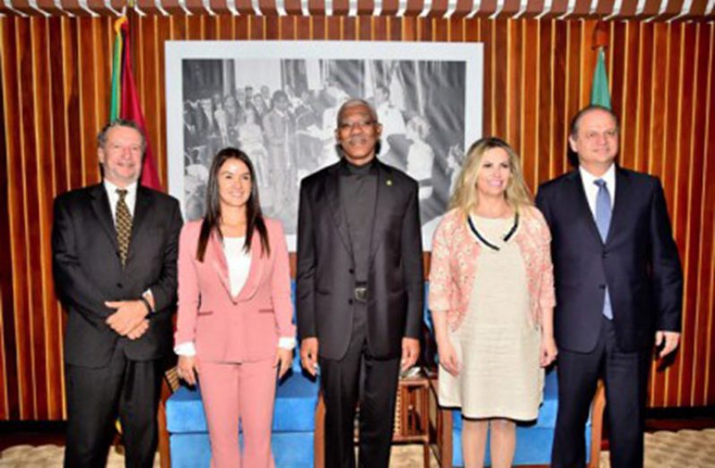 From left: Brazil’s Ambassador to Guyana, Mr. Lineu Pupo de Paula; Federal Deputy of São Paulo, Ms. Bruna Dias Furlan; President David Granger, Vice-Governor of Paran?; Ms. Maria Aparecida Borghetti and Brazil’s Health Minister, Dr. Ricardo Jose Magalhes Barros at the Ministry of the Presidency.