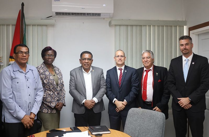 From left: Director General of the Ministry of Agriculture Madanlall Ramraj; Permanent Secretary Delma Nedd; Agriculture Minister Zulfikar Mustapha; Israeli’s Ambassador to Guyana Itai Bardov; Business Development Director at the LR Group Joseph Harrosh, and CEO of the Seal Group Matan Koren