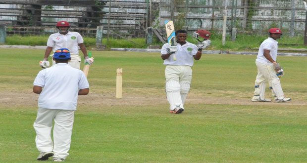Well played, Hetty! Berbice skipper Shimron Hetmyer acknowledges the applause of his teammates, after registering the first ton in this year’s tournament. Looking on from left are Jaydev Mana (blue cap), Balchand Baldeo and wicketkeeper Tevin Imloch.