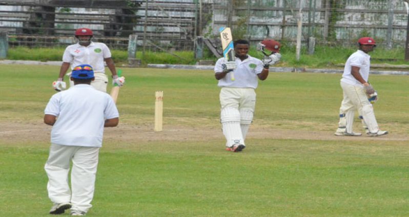 Well played, Hetty! Berbice skipper Shimron Hetmyer acknowledges the applause of his teammates, after registering the first ton in this year’s tournament. Looking on from left are Jaydev Mana (blue cap), Balchand Baldeo and wicketkeeper Tevin Imloch.