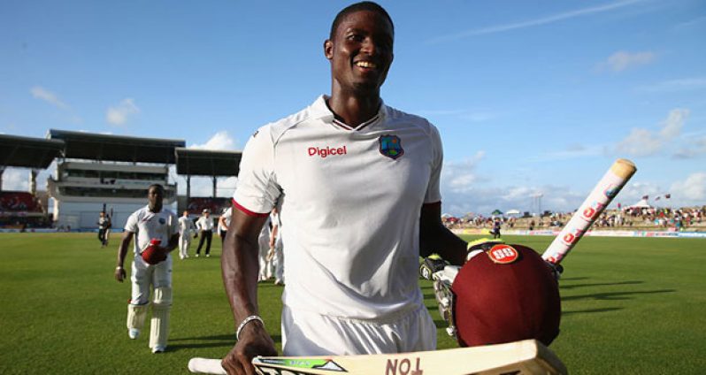 Man-of-the-Match Jason Holder leaves the field beaming after his maiden Test century saved the opening Test for the West Indies .