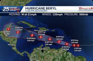 A map showing the predicated path of Hurricane Beryl