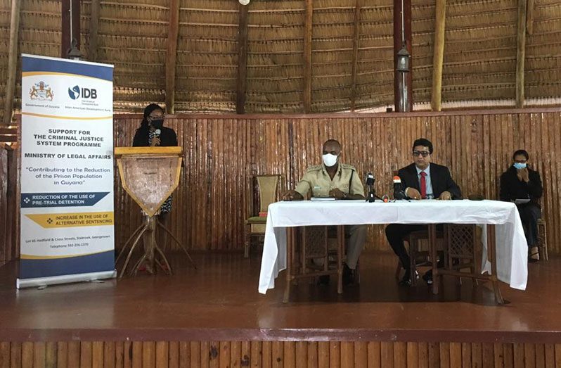 At Monday’s press conference to talk about the proposed IDB-funded programme to overhaul the Criminal Justice System here.
Seated from left are: Project Manager, Olva McKenzie-Agard; Director of Prisons, Gladwin Samuels; Attorney-General and Minister of Legal Affairs, Anil Nandlall; and Legal Aid Specialist, Orinthia Smith