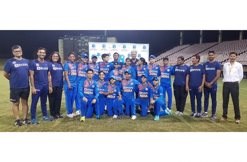The winning Indian Women are flanked by their coaching staff following Wednesday night’s 5-nil end to the T20 series. (Clifton Ross photo)