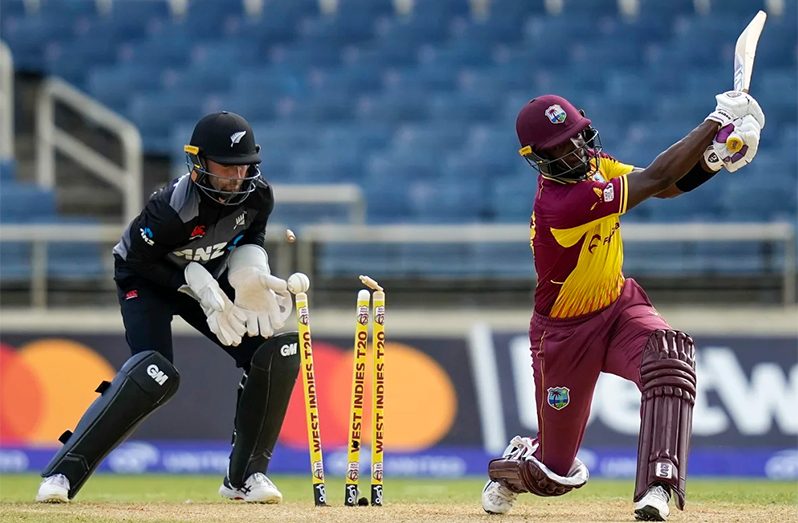 Shamarh Brooks was clean-bowled by Mitchell Santner for 7