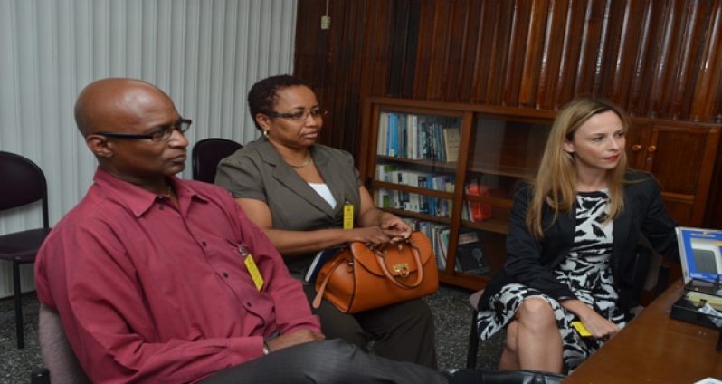 Solaris Energy Sales Manager Carlton DeFour, Sales Representatives (Guyana) Wynette Turton and Director of Corporate Communications Virginia Guerrero during the interview at the Guyana Chronicle (Delano Williams photo)