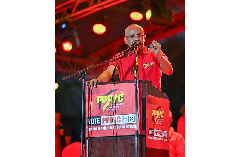 PPP General Secretary Dr. Bharrat Jagdeo addressing supporters at Stewartville, Region Three, on Sunday night (Photo: NCN Guyana/Facebook)