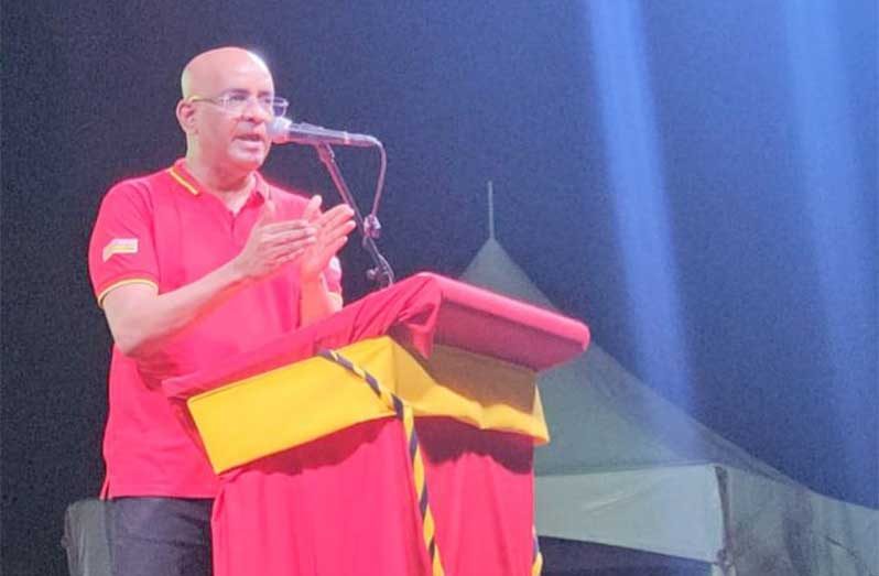 PPP General Secretary and Guyana’s Vice-President, Dr. Bharrat Jagdeo addresses those gathered at the Enmore rally on Monday
