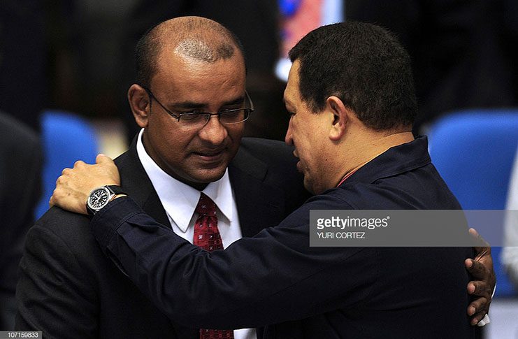 Former President Bharrat Jagdeo and the late former President of Venezuela, Hugo Chavez. Jagdeo had admitted to offering to cede part of Guyana’s territory to Venezuela to help settle the border controversy