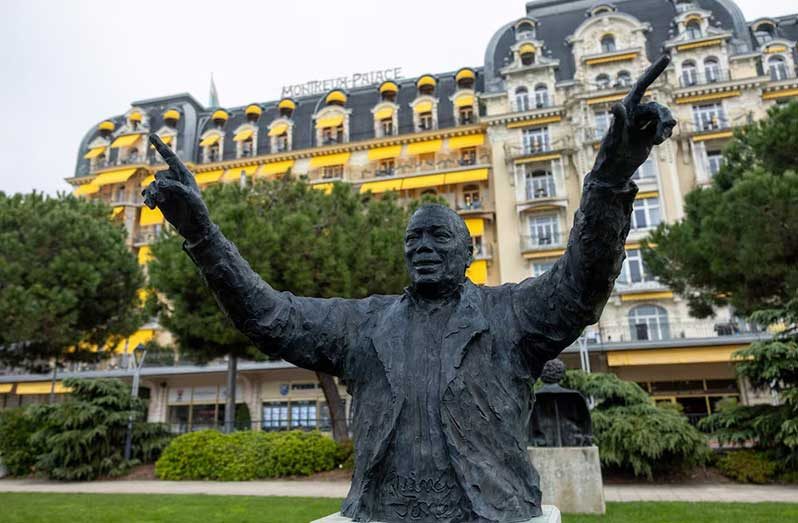 A statue of U.S. music producer, Quincy Jones, is pictured in front of the Montreux Palace hotel near the Montreux Jazz Festival venue in Montreux, Switzerland on November 4, 2024 (REUTERS/Denis Balibouse photo)