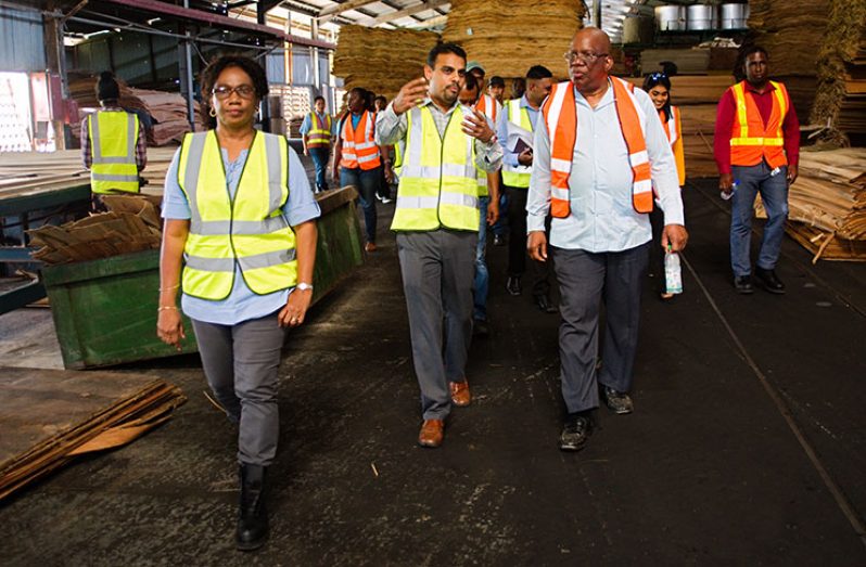 Minister of Finance, Winston Jordan speaks with Manager of Barama Company Limited, Mohindra Chan, during a tour of the company’s facility at Land of Canaan (Samuel Maughn photo)