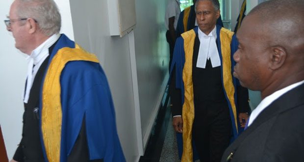 Judges from the Caribbean Court of Justice (CCJ) making their way to the room where the sitting was held at the Guyana International Conference Centre, Liliendaal.