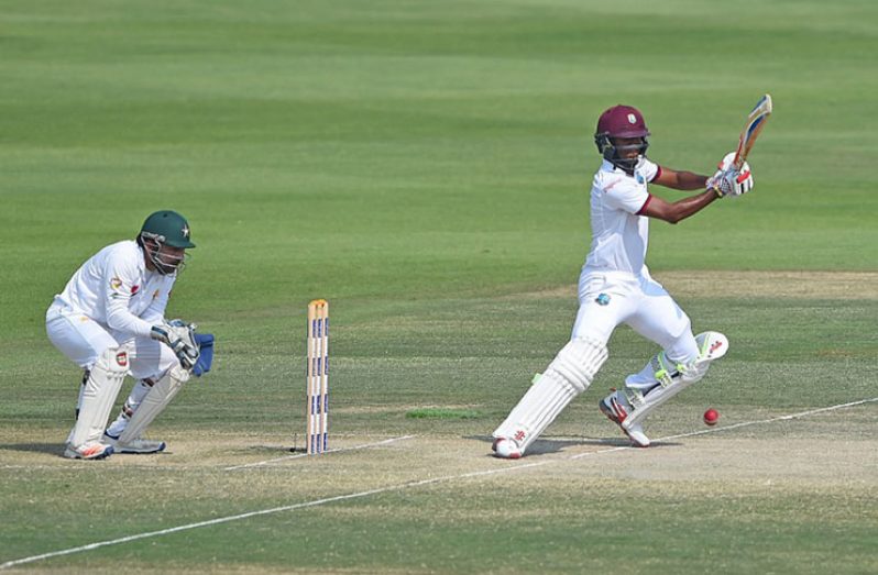 Kraigg Brathwaite plays through the off side during his top score of 67 for the West Indies on the fourth day.