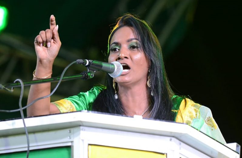 Former Deputy Mayor of Bartica, Kamala Persaud addressing the rally