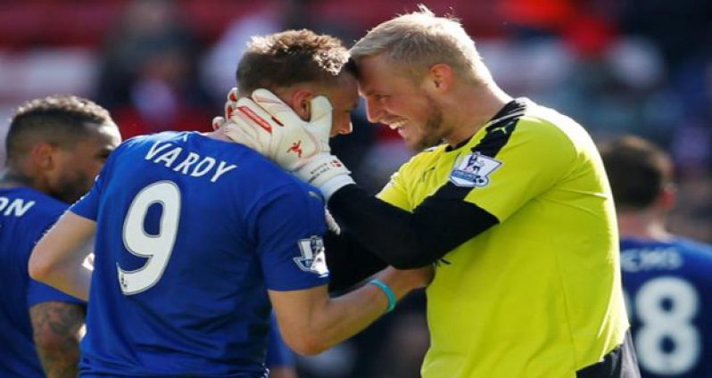 Leicester's Kasper Schmeichel celebrates with Jamie Vardy at the end of the matchAction Images via Reuters / Lee SmithLivepic