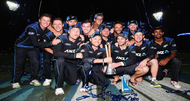New Zealand pose with the Chappelle-Hadlee series trophy.