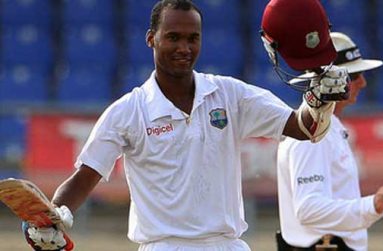 Kraigg Brathwaite completes his maiden Test century off 199 balls at the Queen’s Park Oval, yesterday. (WICB photo)