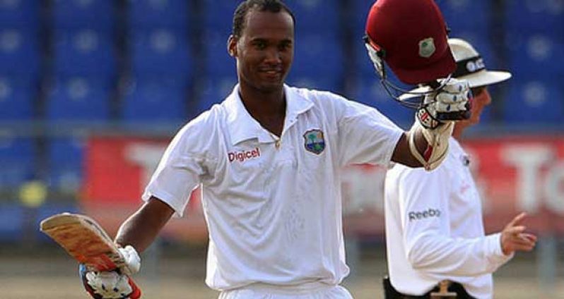 Kraigg Brathwaite completes his maiden Test century off 199 balls at the Queen’s Park Oval, yesterday. (WICB photo)