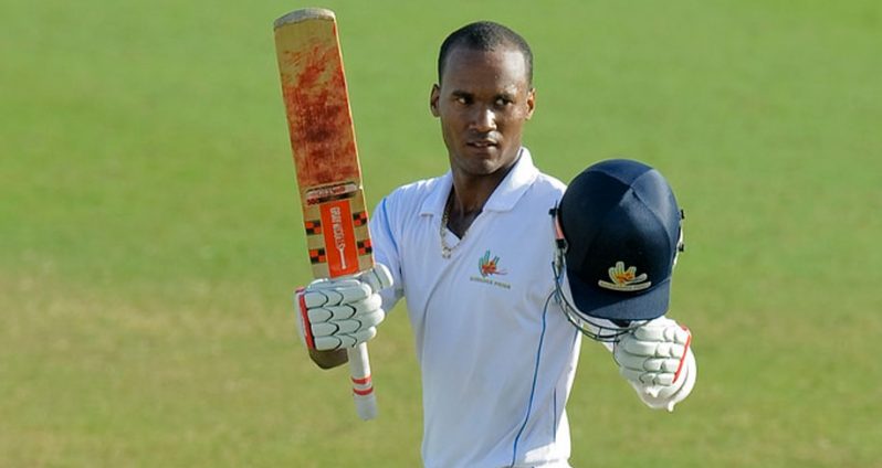 Kraigg Brathwaite celebrates his century on the third day of the seventh round match between Barbados Pride and Guyana Jaguars at Kensington Oval.
(Photo by WICB Media/Randy Brooks of Brooks LaTouche Photography)