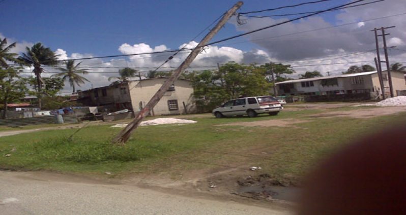 The utility pole leaning dangerously at Cresent Street, West Ruimveldt