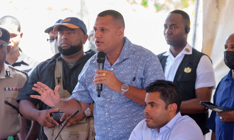 Minister Croal addresses residents at ministerial outreach in Buxton (Delano William photo) 