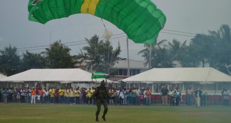 A soldier lands safely in a parachute jump (Cullen Bess- Nelson Photo)