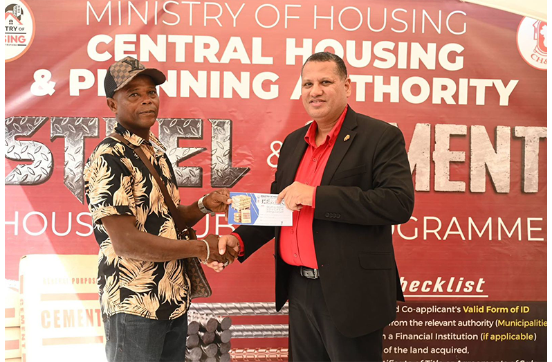 Minister of Housing, Collin Croal and Minister within the Ministry, Vanessa Benn, on Friday, distributed cement and steel vouchers to 55 Region Two landowners during an outreach at Anna Regina