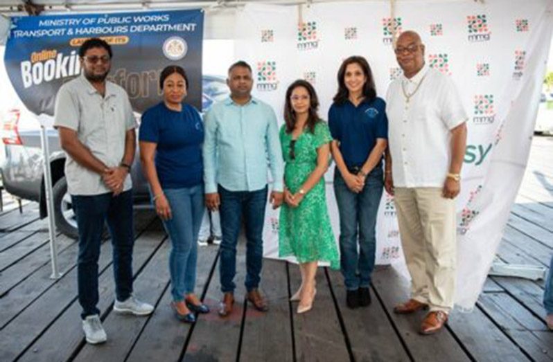 From right: Minister of Public Works, Bishop Juan Edghill; Chairwoman of the Transport and Harbours Department (T&HD), Rosalinda Rasul; General Manager of GTT+ and MMG+, Bobita Ram; Minister within the Ministry of Public Works, Deodat Indar; General Manager of T&HD, Marcelene Merchant, and a representative of the Ministry of Public Works at the launch on Saturday