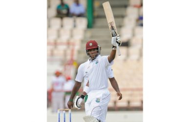 Leon Johnson acknowledges the crowd after scoring a maiden Test fifty on the first day of the second Test in St.Lucia. He went on  to make 66 and put together an opening stand of 143 with Kraigg Brathwaite (63). (WICB photo).