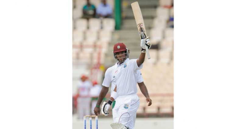 Leon Johnson acknowledges the crowd after scoring a maiden Test fifty on the first day of the second Test in St.Lucia. He went on  to make 66 and put together an opening stand of 143 with Kraigg Brathwaite (63). (WICB photo).