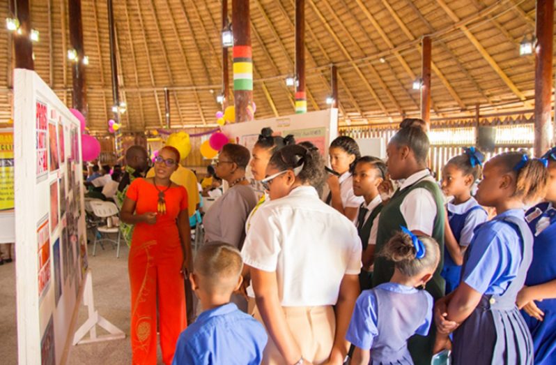 Minister of Public Health, Volda Lawrence, viewing the exhibition with students from various schools