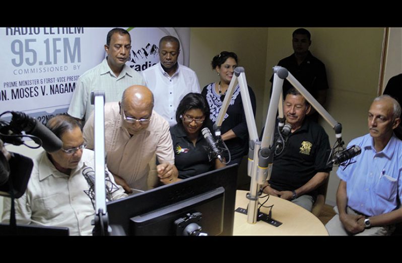 Flashback to 2016! Prime Minister, Moses Nagamootoo (left) launching Radio Lethem 95.1 FM before the start of the programme. Also in photo are coordinator of the project, Rovin Deodat (second from left); Minister of Indigenous Peoples’ Affairs, Sydney Allicock; Minister of Public Communications, Cathy Hughes and Minister of Communities, Ronald Bulkan