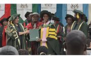 Guyanese-British Actress, Letitia Michelle Wright, being conferred with an Honorary Degree by Vice Chancellor of the University of Guyana, Professor Paloma Mohamed-Martin (DPI photo)