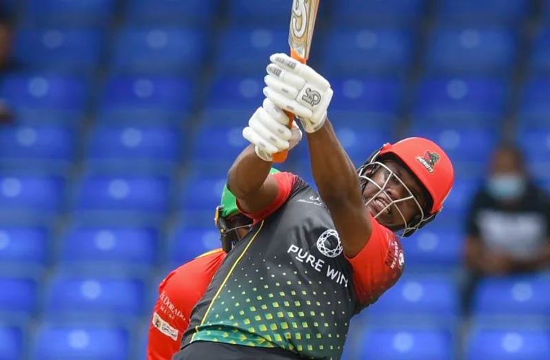 Patriots opener Evin Lewis goes big  in his  top score of 62. (CPL T20/Getty Images)