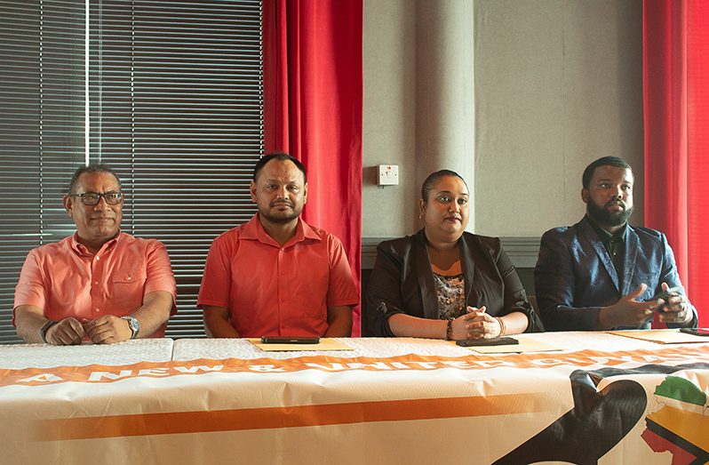 TNM’s leader, Asha Kissoon (second from right), ANUG’s leader, Mark France (second from left), and executives of the two parties at the press conference