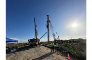Pile driving has begun along the Railway Embankment, East Coast Demerara, to install new 69 kv transmission lines (Office of the President photos)