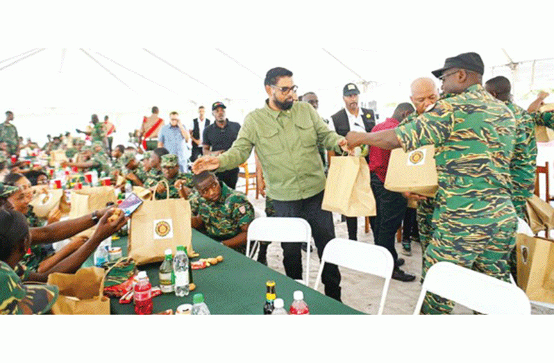 In a heartfelt address to the members of the GDF during the annual Christmas Breakfast at Base Camp Seweyo on Saturday, President Dr. Irfaan Ali expressed deep gratitude for their unwavering service, sacrifice, and commitment to safeguarding the nation’s security (Office of the President photos)