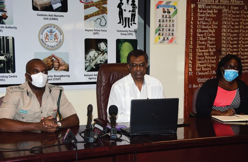 irector of Prisons, Gladwin Samuels (left) joined by Minister of Public Security Khemraj Ramjattan and Public Security Permanent Secretary, Danielle McCalmon (Adrian Narine photo)