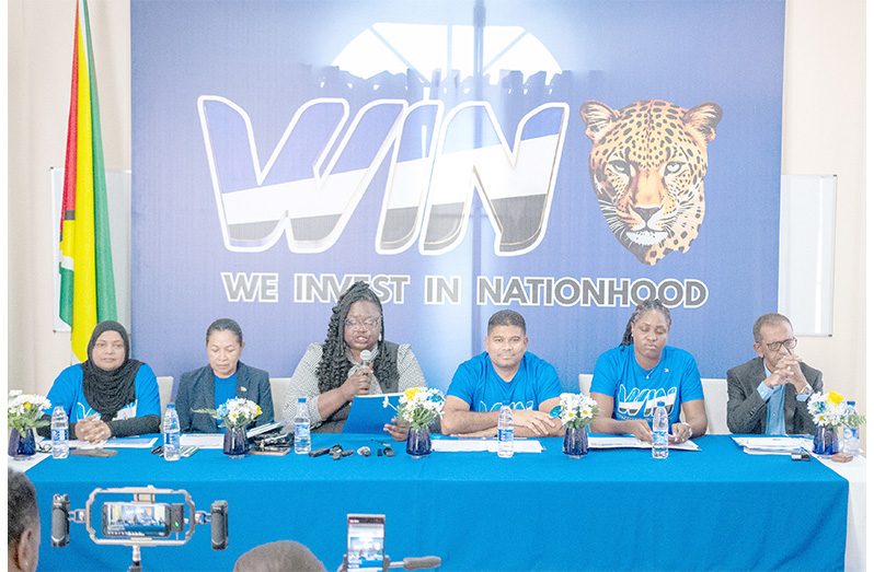 The U.S.-sanctioned businessman, Azruddin Mohamed with former Partnership for National Unity +Alliance for Change (APNU+AFC) parliamentarians, Natasha Singh-Lewis, Dawn Hastings-Williams and Tabitha Sarabo-Halley, the party’s General Secretary Odessa Primus and  former Guyana Sugar Corporation (GuySuCo) Agriculture Director, Vishnu Panday at the WIN manifesto launch on Thursday