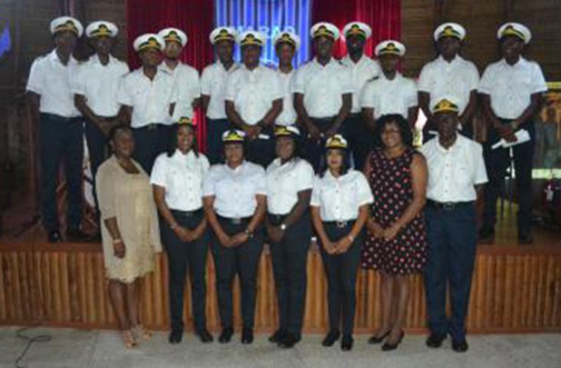 Minister within the Ministry of Public Infrastructure, Annette Ferguson;  MARAD’s Harbour Master Michael Tennant (next to minister) and MARAD’s Director- General Claudette Rogers, pose with the 16 graduates