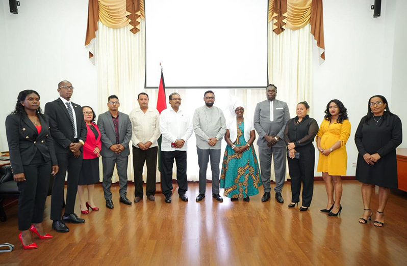 President, Dr. Irfaan Ali and the Mayors and  deputies along with the Vice-Chairman of Region 10 (Office of the President Photo)