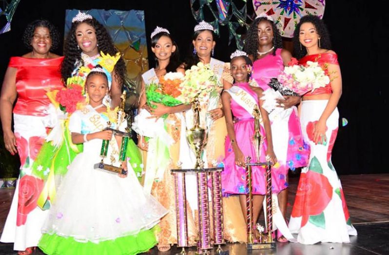 Creators of the Mother and Daughter Pageant, Ingrid Fung (left) and Dr. Sulan Fung-Browne (first right) with Junior Category winners, Marica Abrams and Nomarra (second left); Senior Category winners, Germaine Jacques and Kia (centre) and Middle Category winners, Shonette Vyphuis and Saniayah (second right) at the National Cultural Centre Saturday night (Delano Williams photo)