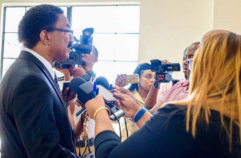 Attorney-General and Minister of Legal Affairs, Basil Williams, SC. speaking with the media Monday (Photo by Delano Williams)