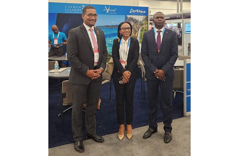 Tourism, Industry and Commerce Minister, Oneidge Walrond, (centre) along with Kenneth Bryan, Minister of Tourism and Transport, Cayman Islands (left) and Kyle Rymer, Deputy Premier, Minister of Communications and Works, British Virgin Islands (right) at the World Routes Forum 2022