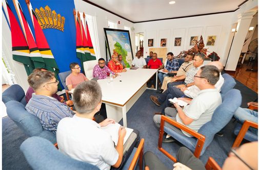 President Ali on Sunday met contractors and the consultant of the ongoing East Bank Demerara corridor expansion project. Other stakeholders were also present (Office of the President photos)