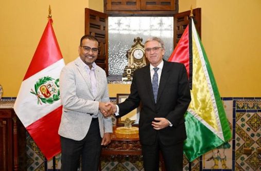 Foreign Secretary, Robert Persaud, recently met with the Peruvian Vice Minister of Foreign Affairs, Ambassador Peter Camino, in Lima (Ministry of Foreign Affairs photo)