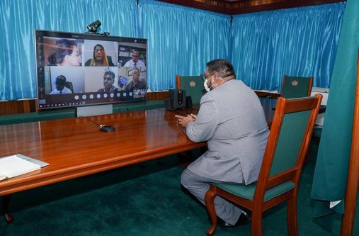 President, Dr. Mohamed Irfaan Ali during the virtual, emergency multi-stakeholder meeting on advancing the National COVID-19 response at State House (DPI photo)