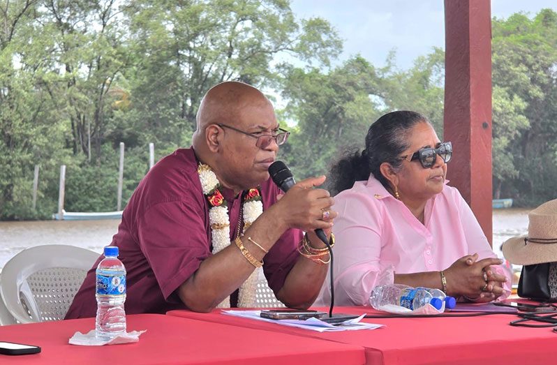 Minister of Public Works, Bishop Juan Edghill and Regional Chairperson, Vilma De Silva, at the meeting on Friday, during which stakeholders were updated on the construction of a $880 million wharf at Charity