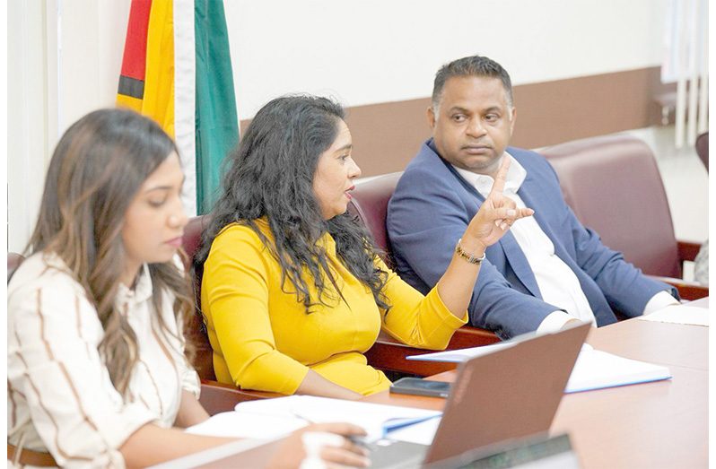 Education Minister Sonia Parag makes a point to Minister of Public Utilities and Aviation Deodat Indar during a meeting on Thursday (MoE photo)